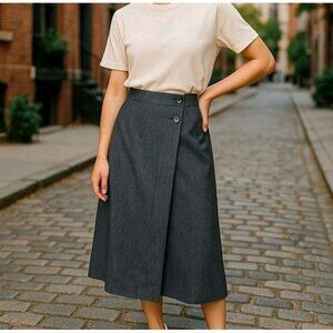 Vintage Talbots Petites 10P Wool Midi Skirt Gray Wrap Style Button Front USA